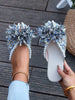 Women's Printed Faux Pearl Decorated Flat Slippers, Floral Decor, Lightweight And Comfortable For Indoor And Outdoor Wear, Available In Light Blue, Maroon, Black, Gold Colors, Fashionable Casual And Elegant Sandals